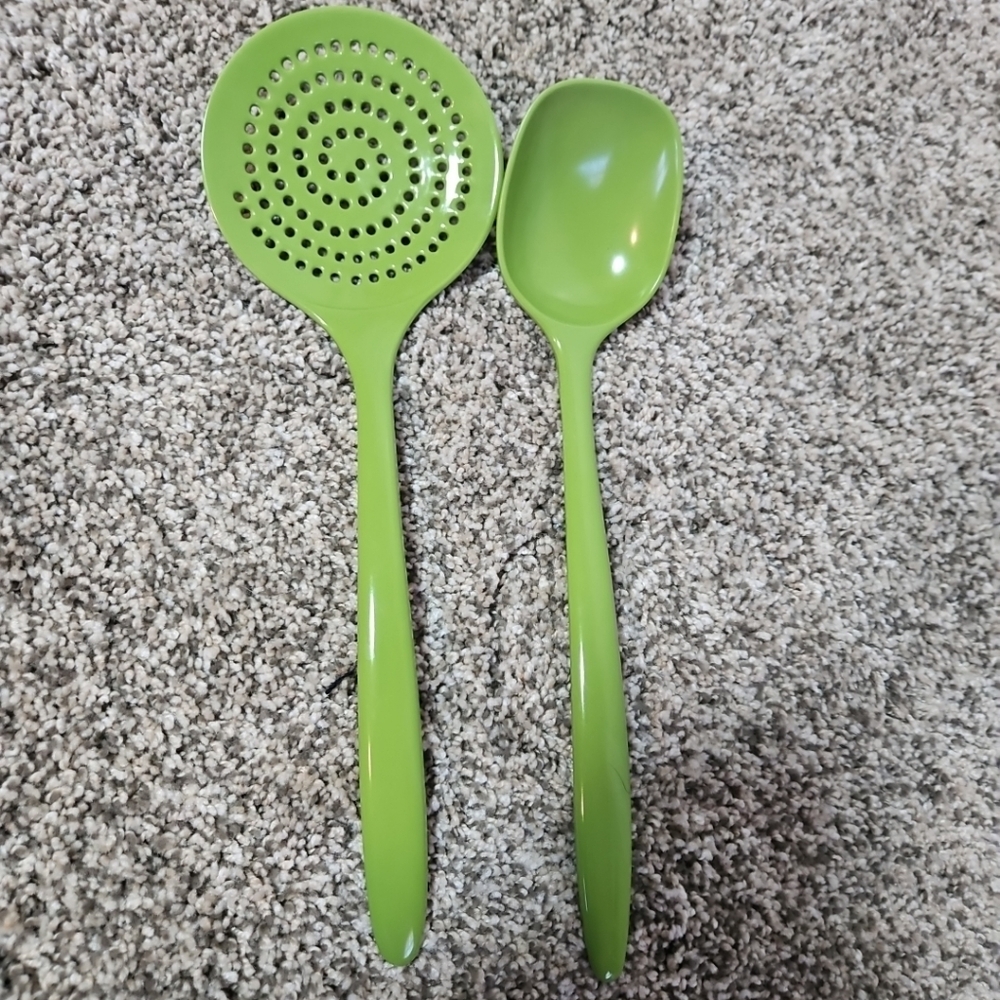 Vintage Hutzler Melamine Serving Spoon Skimmer 12 In. Avocado Green Flatware Set